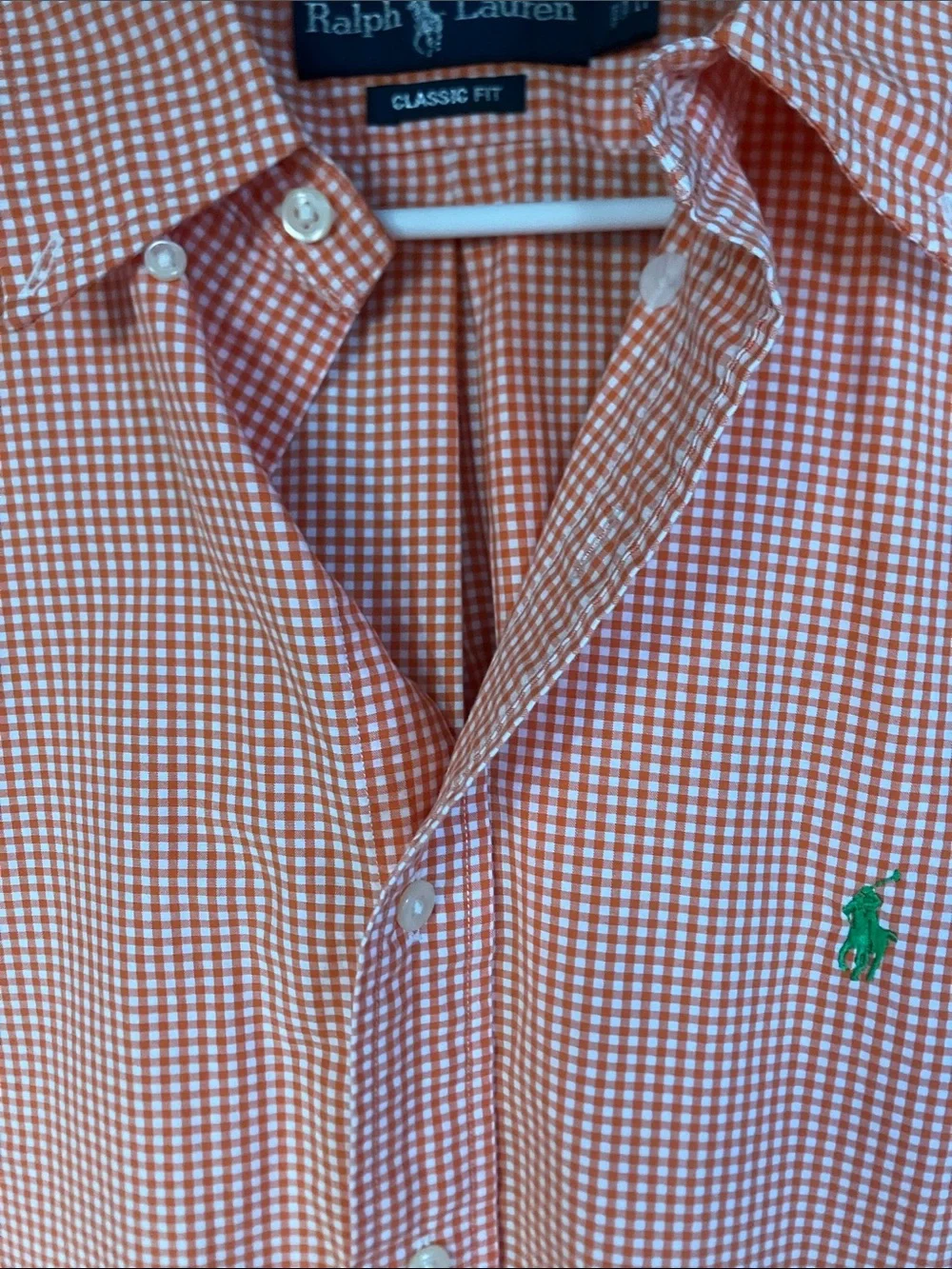 Ralph Lauren Orange Gingham Short-Sleeve Button-Up Shirt with Green Pony